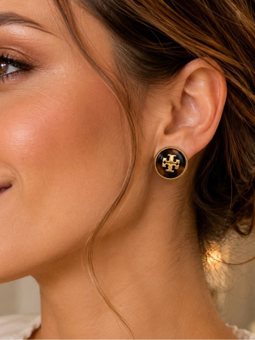Tory Burch Logo Stud Earrings | Gold Tone & Tortoise Resin | Classic Designer